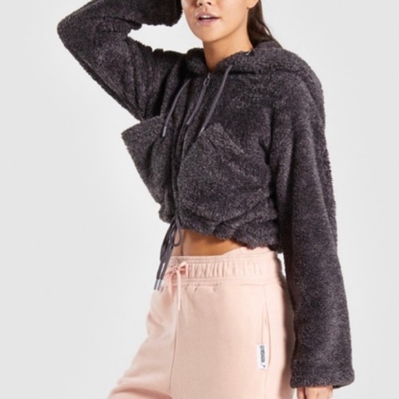 Gymshark XS Cozy Drawstring Zip Up Hoodie Cropped Women’s Dark Grey - Picture 2 of 6